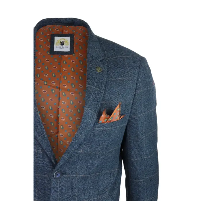 Mens Blue Check Blazer Herringbone Tweed Vintage Tailored Fit Grey Velvet - Image 4