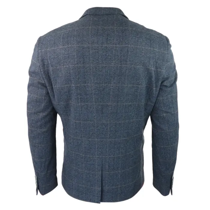 Mens Blue Check Blazer Herringbone Tweed Vintage Tailored Fit Grey Velvet - Image 3