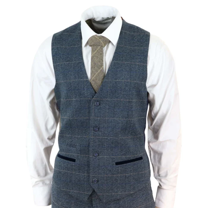 Mens Slim Fit Check Blue Scott Wistcoat Smart Casual Tweed Tan Check Navy - Image 1