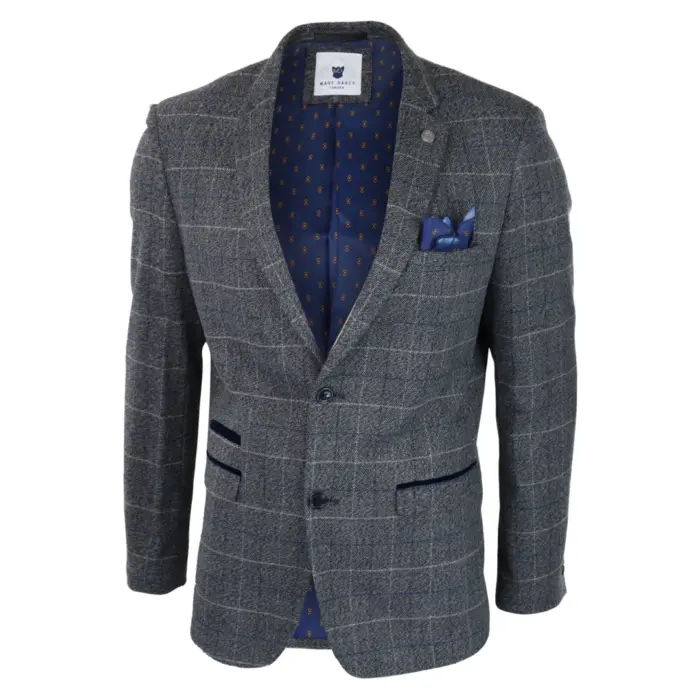 Mens Blue Check Blazer Herringbone Tweed Vintage Tailored Fit Grey Velvet - Image 8