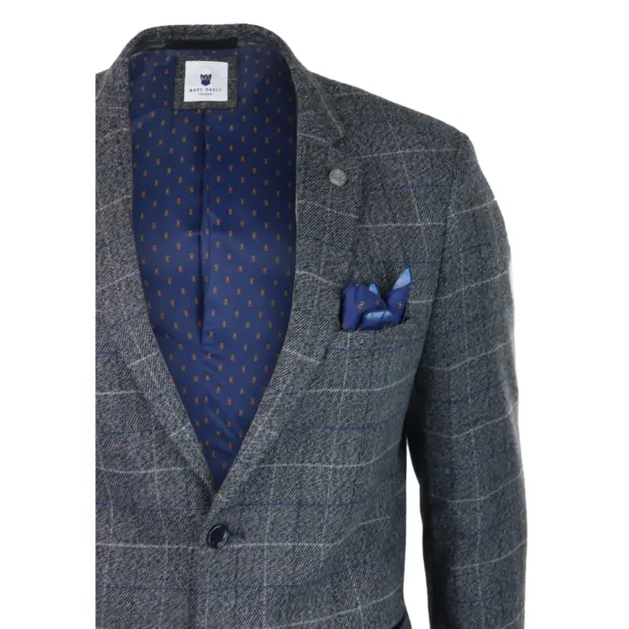 Mens Blue Check Blazer Herringbone Tweed Vintage Tailored Fit Grey Velvet - Image 7