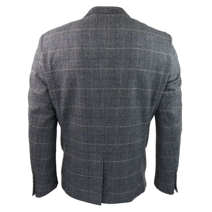 Mens Blue Check Blazer Herringbone Tweed Vintage Tailored Fit Grey Velvet - Image 6