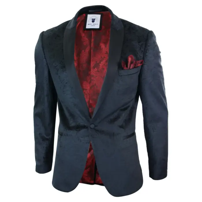 Mens Marc Darcy Velvet Paisley Black Fit Blazer Tuxedo Dinner Jacket Smart Casual - Image 1