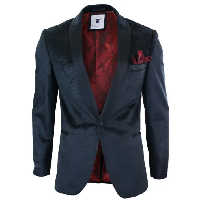 Mens Marc Darcy Velvet Paisley Black Fit Blazer Tuxedo Dinner Jacket Smart Casual - Image 2