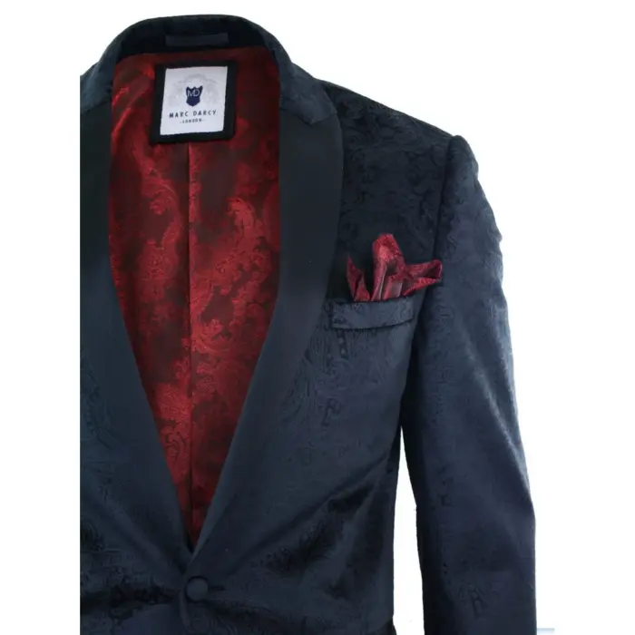 Mens Marc Darcy Velvet Paisley Black Fit Blazer Tuxedo Dinner Jacket Smart Casual - Image 4