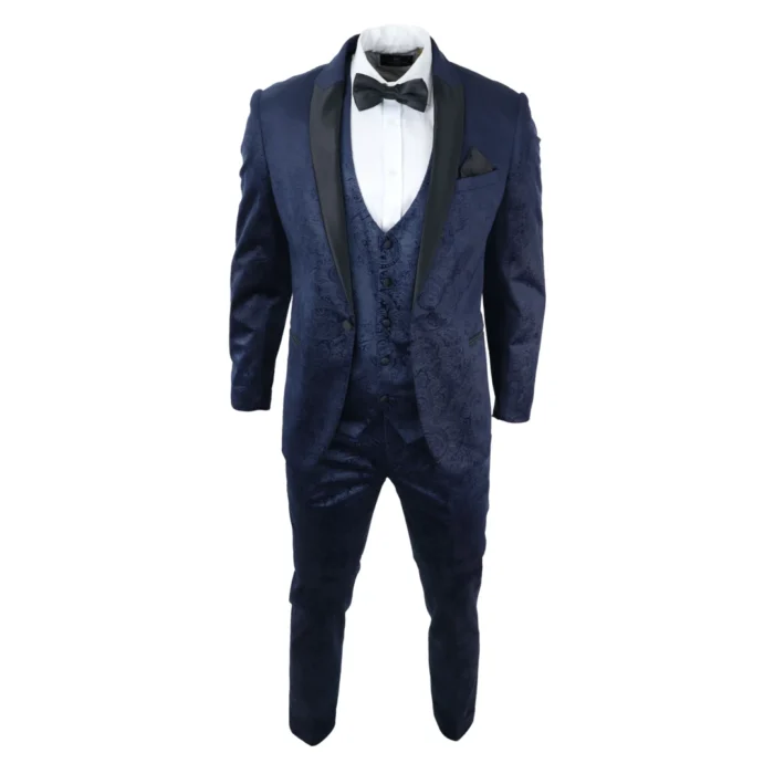 Mens Marc Darcy Velvet Paisley Blue Fit 3 Piece Suit Tuxedo Dinner Jacket Wedding - Image 2