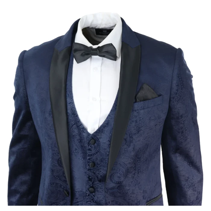 Mens Marc Darcy Velvet Paisley Blue Fit 3 Piece Suit Tuxedo Dinner Jacket Wedding - Image 3