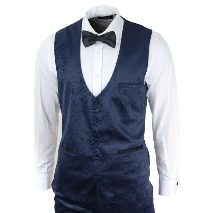 Mens Marc Darcy Velvet Paisley Blue Fit 3 Piece Suit Tuxedo Dinner Jacket Wedding - Image 5