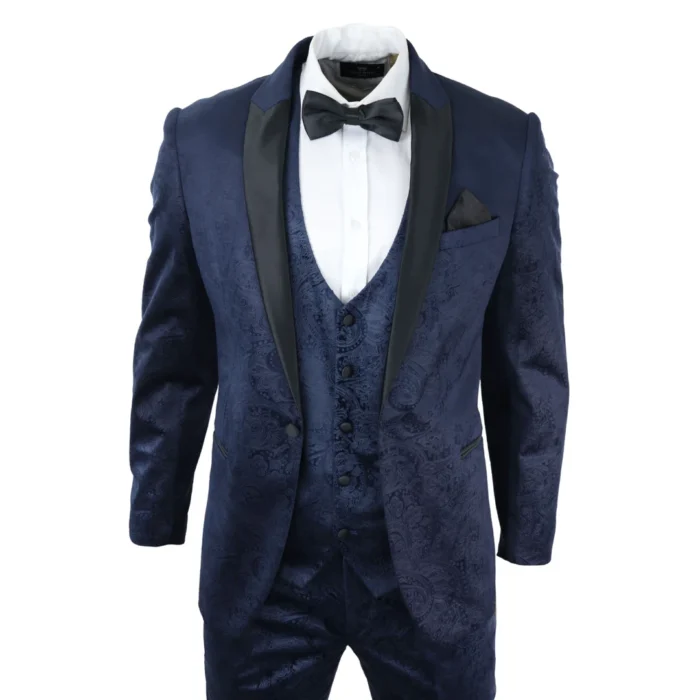 Mens Marc Darcy Velvet Paisley Blue Fit 3 Piece Suit Tuxedo Dinner Jacket Wedding - Image 1