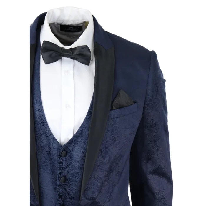 Mens Marc Darcy Velvet Paisley Blue Fit 3 Piece Suit Tuxedo Dinner Jacket Wedding - Image 4