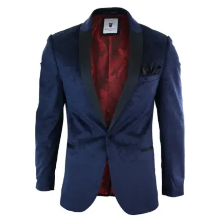 Mens Marc Darcy Velvet Paisley Blue Black Blazer Tuxedo Dinner Jacket Smart Casual