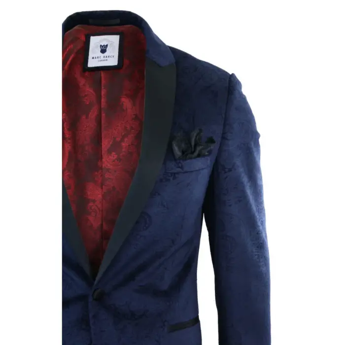Mens Marc Darcy Velvet Paisley Blue Black Blazer Tuxedo Dinner Jacket Smart Casual - Image 2