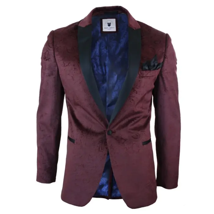 Mens Marc Darcy Velvet Paisley Wine Black Blazer Tuxedo Dinner Jacket Smart Casual - Image 1