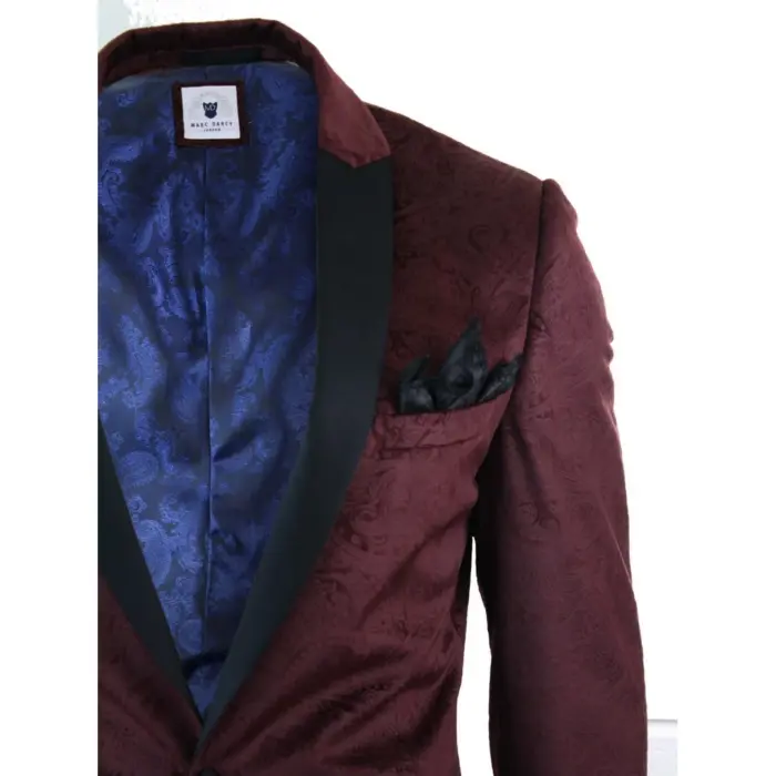 Mens Marc Darcy Velvet Paisley Wine Black Blazer Tuxedo Dinner Jacket Smart Casual - Image 2