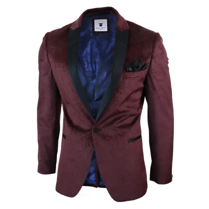 Mens Marc Darcy Velvet Paisley Wine Black Blazer Tuxedo Dinner Jacket Smart Casual - Image 4