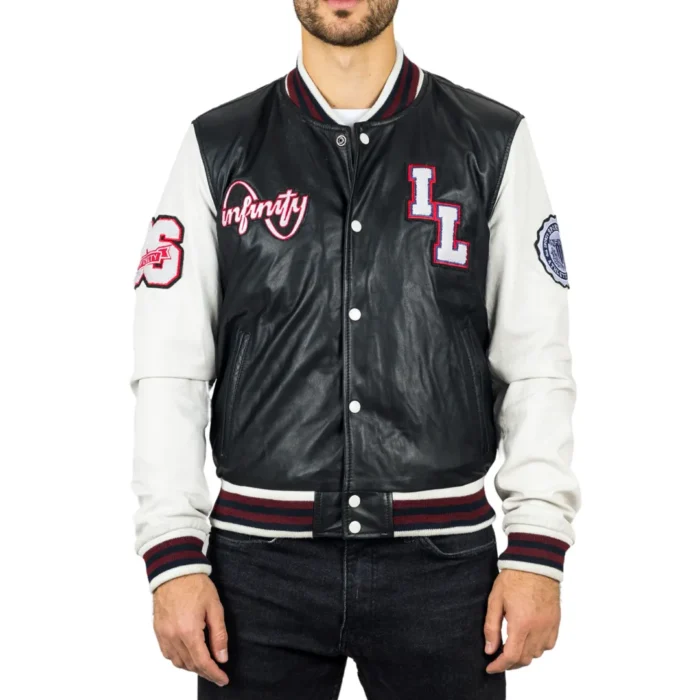 Men's Black Genuine Leather Bomber Jacket Baseball Letterman Coat - Image 1