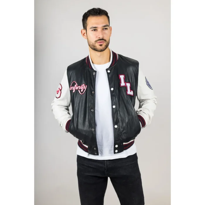 Men's Black Genuine Leather Bomber Jacket Baseball Letterman Coat - Image 7