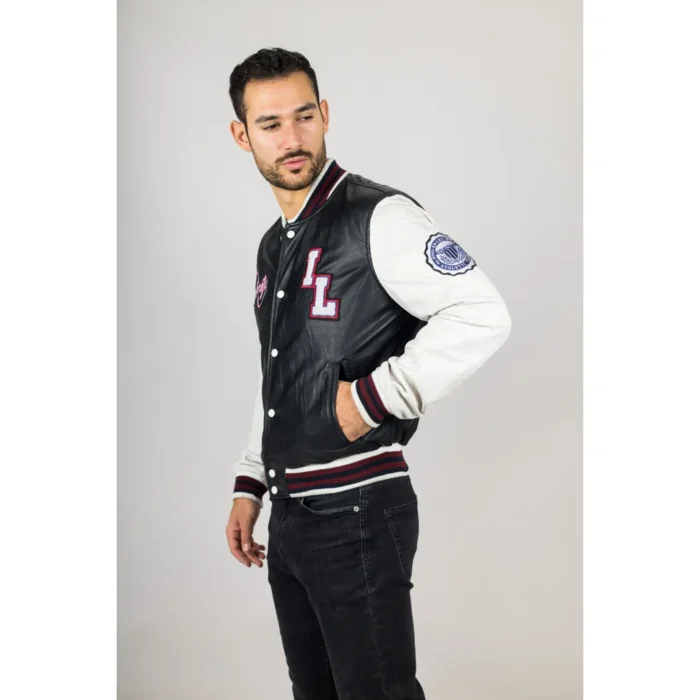 Men's Black Genuine Leather Bomber Jacket Baseball Letterman Coat - Image 6