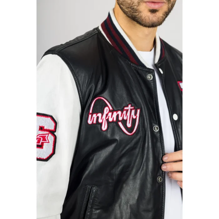 Men's Black Genuine Leather Bomber Jacket Baseball Letterman Coat - Image 5