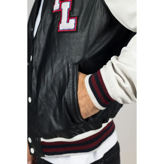 Men's Black Genuine Leather Bomber Jacket Baseball Letterman Coat - Image 4