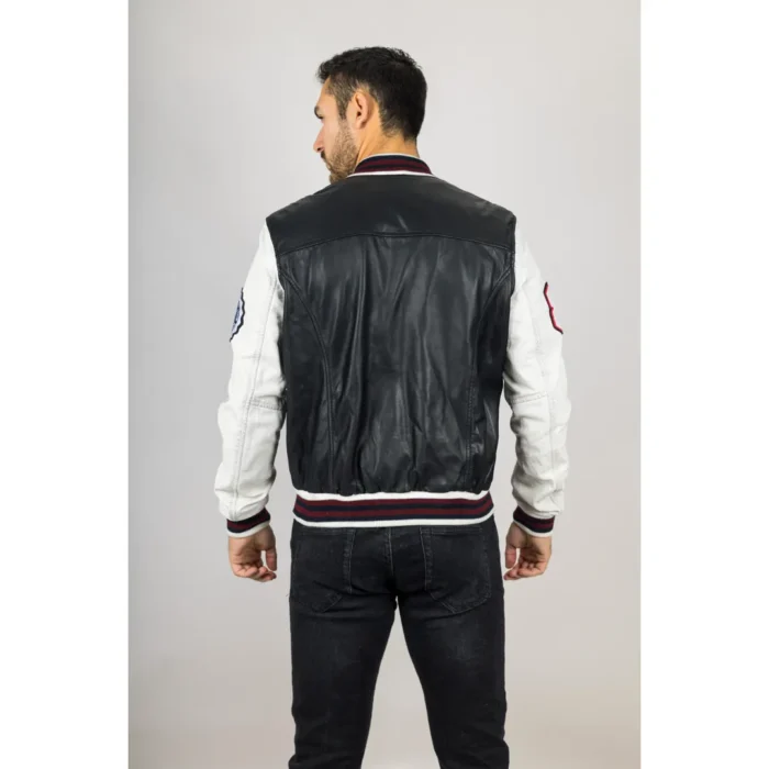 Men's Black Genuine Leather Bomber Jacket Baseball Letterman Coat - Image 3