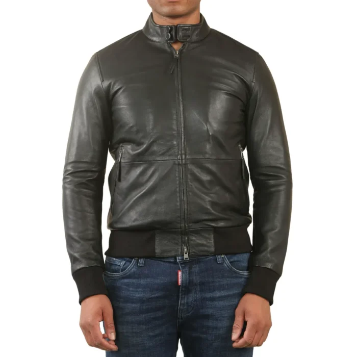 Men's Black Retro Real Leather Bomber Jacket - Image 1