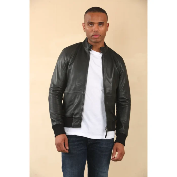 Men's Black Retro Real Leather Bomber Jacket - Image 3