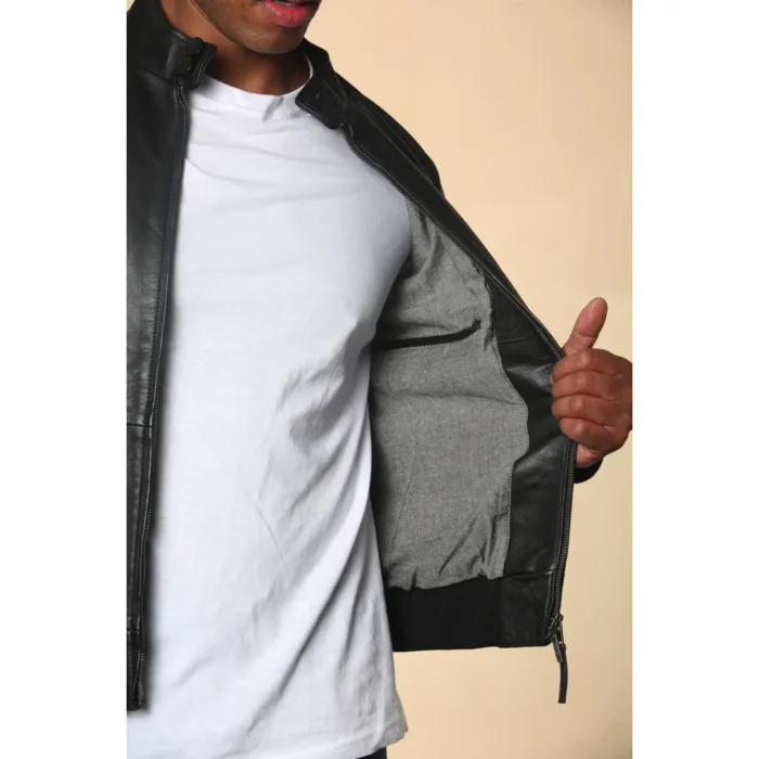 Men's Black Retro Real Leather Bomber Jacket - Image 4