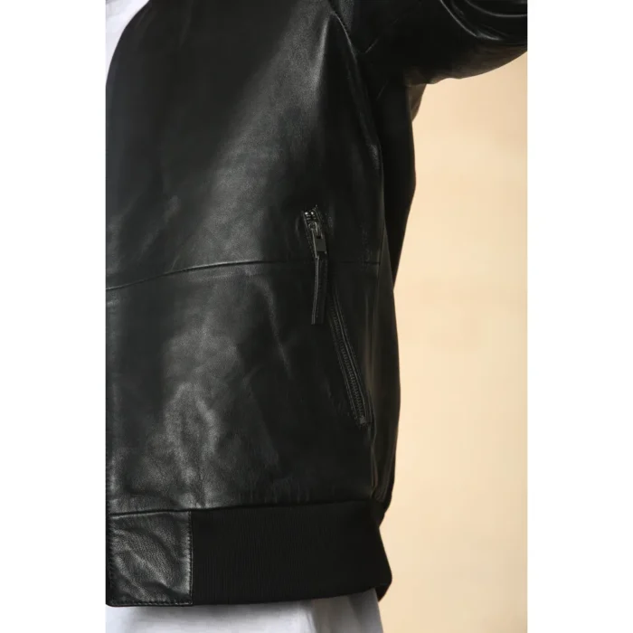 Men's Black Retro Real Leather Bomber Jacket - Image 5