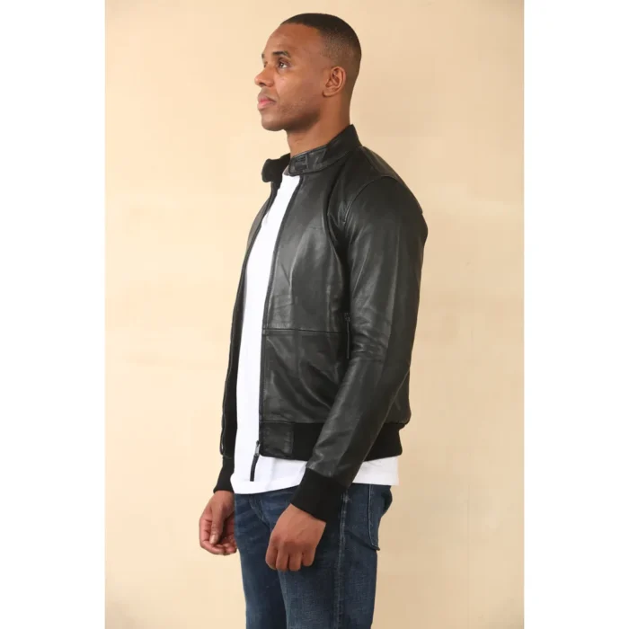 Men's Black Retro Real Leather Bomber Jacket - Image 6