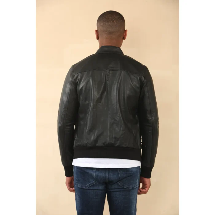 Men's Black Retro Real Leather Bomber Jacket - Image 7