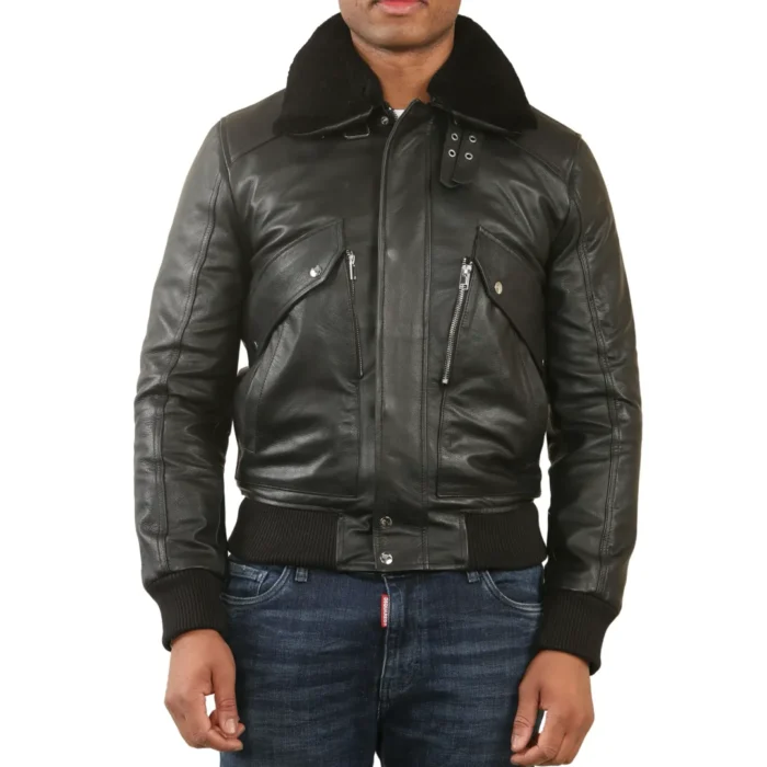 Men's Black Cowhide Aviator Bomber Leather Jacket - Image 1