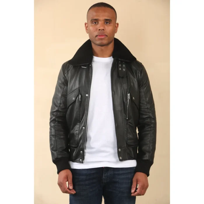 Men's Black Cowhide Aviator Bomber Leather Jacket - Image 3
