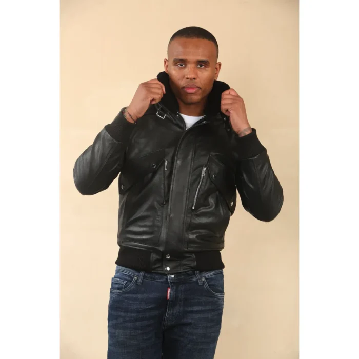 Men's Black Cowhide Aviator Bomber Leather Jacket - Image 4
