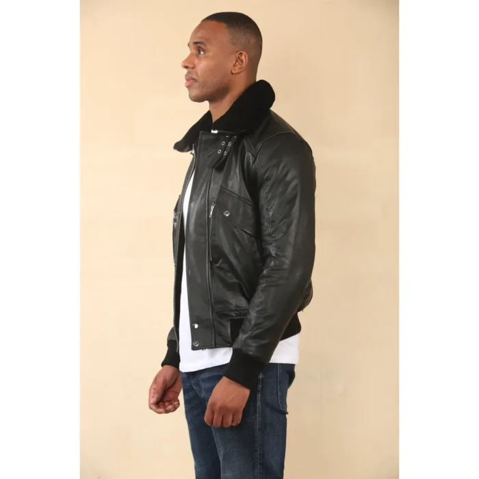 Men's Black Cowhide Aviator Bomber Leather Jacket - Image 6