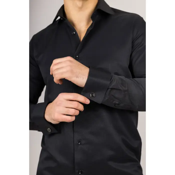 Men's Black Long Sleeve Regular Fit Double Cuff Twill Oxford Shirt - Image 2