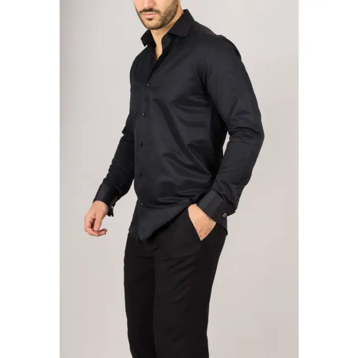 Men's Black Long Sleeve Regular Fit Double Cuff Twill Oxford Shirt - Image 3