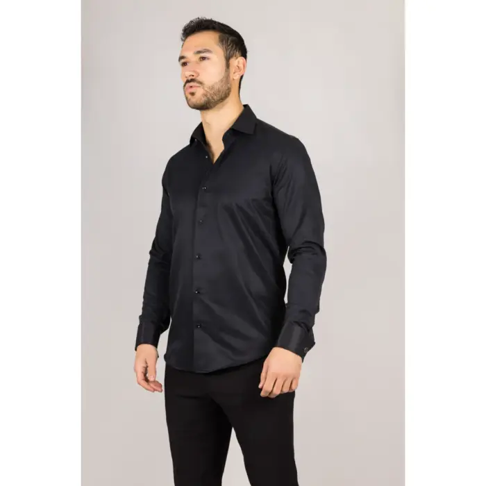 Men's Black Long Sleeve Regular Fit Double Cuff Twill Oxford Shirt - Image 4