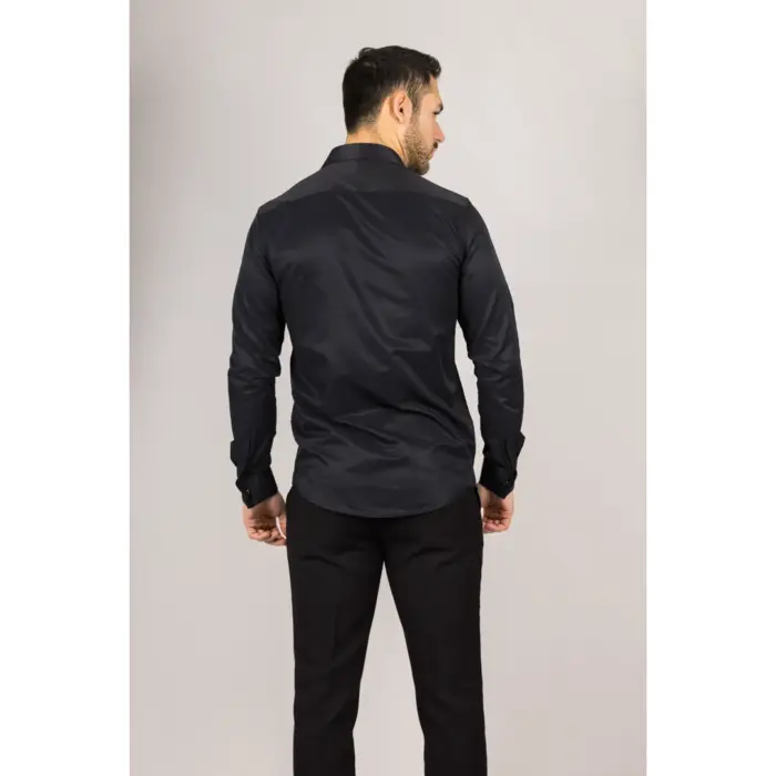 Men's Black Long Sleeve Regular Fit Double Cuff Twill Oxford Shirt - Image 6