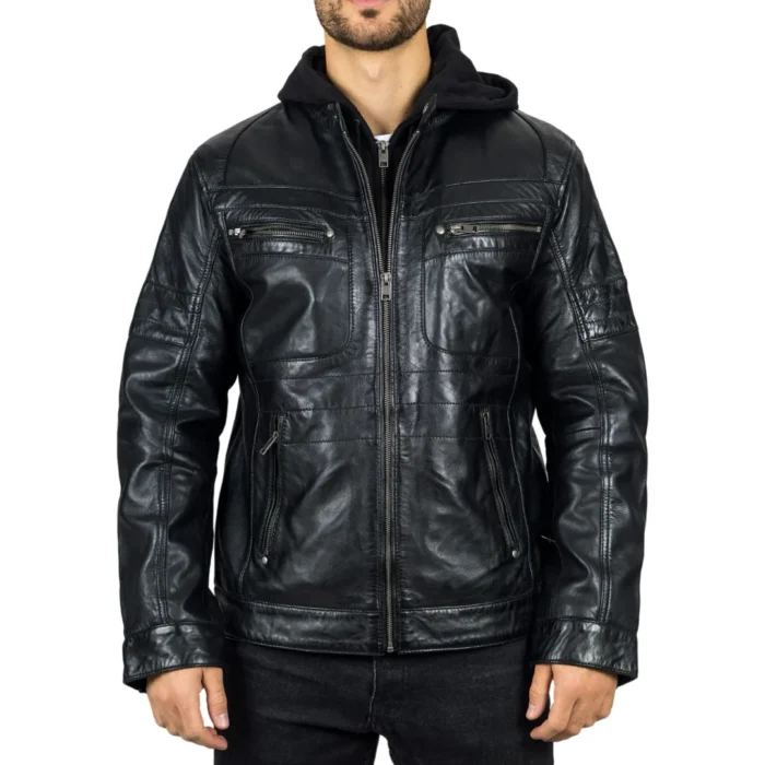 Men's Black Hooded Genuine Leather Motorcycle Biker Jacket - Image 1