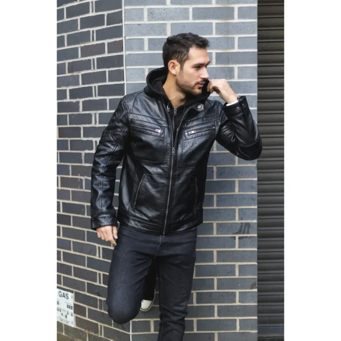 Men's Black Hooded Genuine Leather Motorcycle Biker Jacket - Image 2