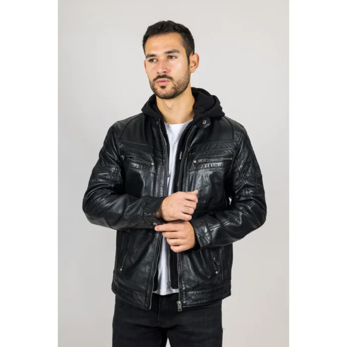 Men's Black Hooded Genuine Leather Motorcycle Biker Jacket - Image 7
