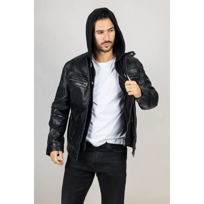 Men's Black Hooded Genuine Leather Motorcycle Biker Jacket - Image 6