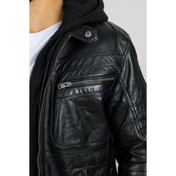 Men's Black Hooded Genuine Leather Motorcycle Biker Jacket - Image 5