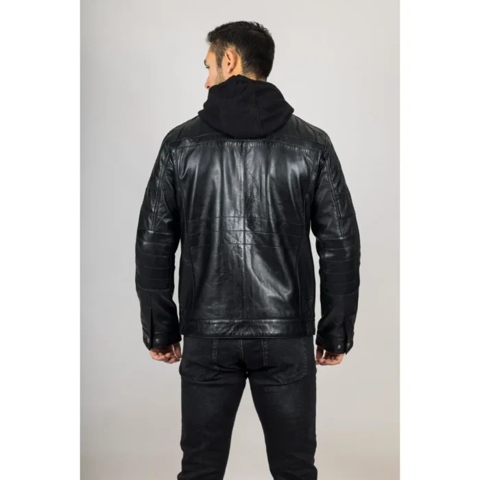 Men's Black Hooded Genuine Leather Motorcycle Biker Jacket - Image 3