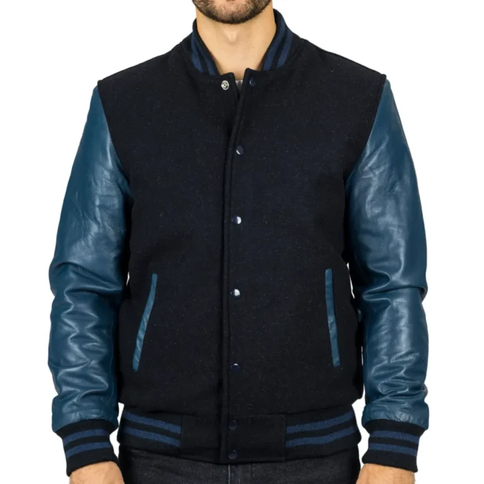 Men's Black Navy Varsity Bomber Jacket Wool Body Real Leather Sleeves College Baseball Coat - Image 1