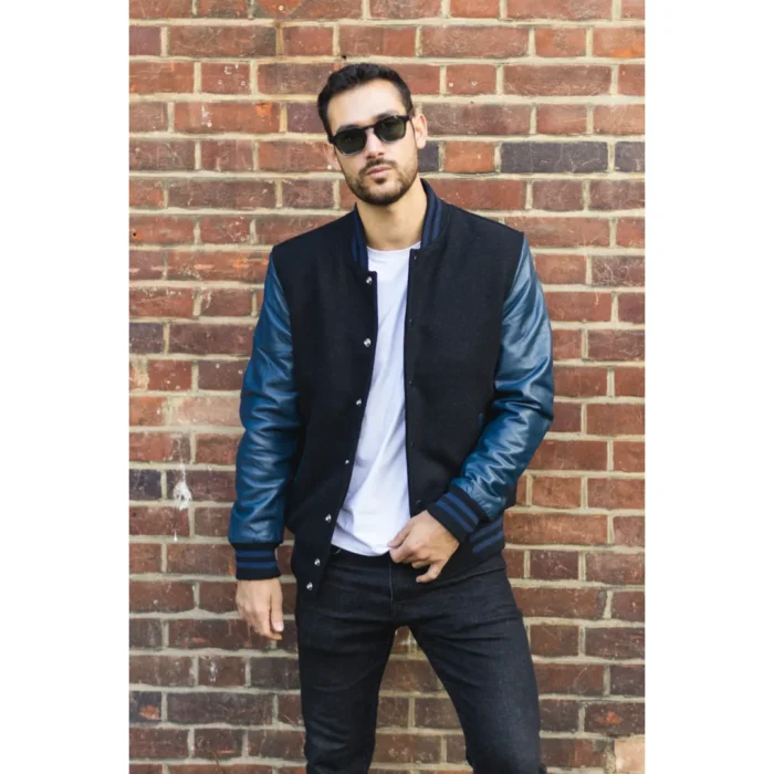 Men's Black Navy Varsity Bomber Jacket Wool Body Real Leather Sleeves College Baseball Coat - Image 2