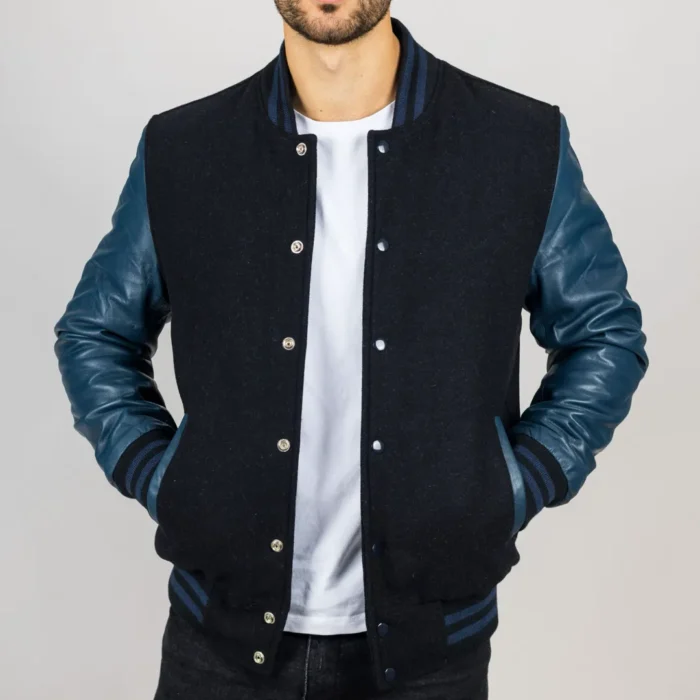 Men's Black Navy Varsity Bomber Jacket Wool Body Real Leather Sleeves College Baseball Coat - Image 3