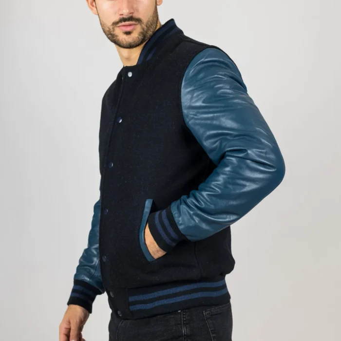 Men's Black Navy Varsity Bomber Jacket Wool Body Real Leather Sleeves College Baseball Coat - Image 4