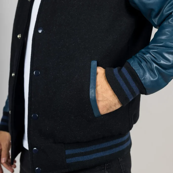 Men's Black Navy Varsity Bomber Jacket Wool Body Real Leather Sleeves College Baseball Coat - Image 5